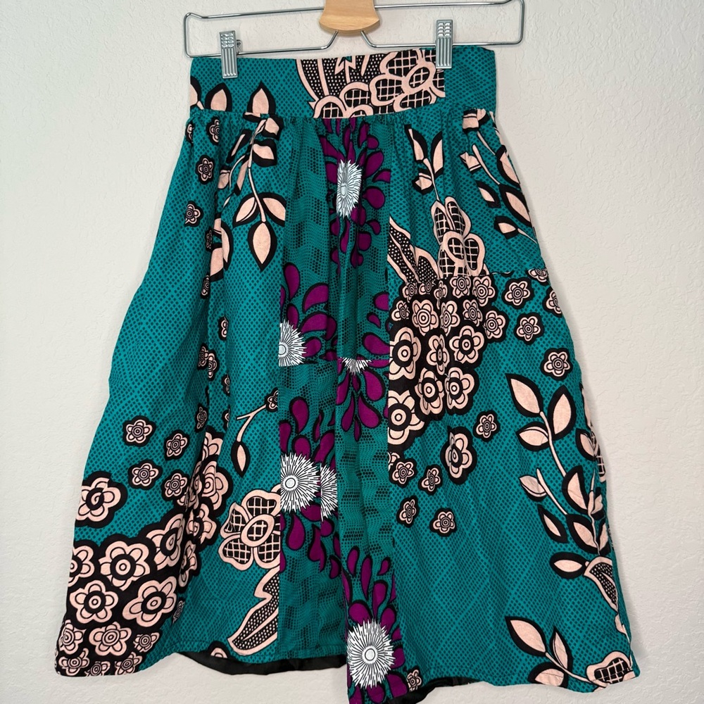 Ray Darten African Print Floral Patterned‎ Teal and Purple Skirt 100%Cotton